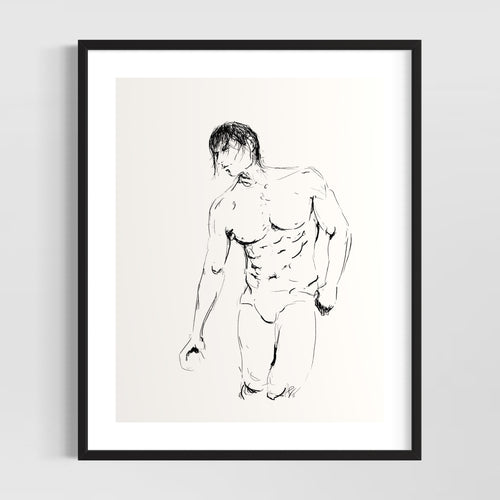 Minimalist male nude line art drawing - original fine art print